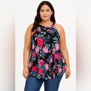 Halter Tank Top Size 5 Torrid Super Soft Floral Knit Black with Pink Roses